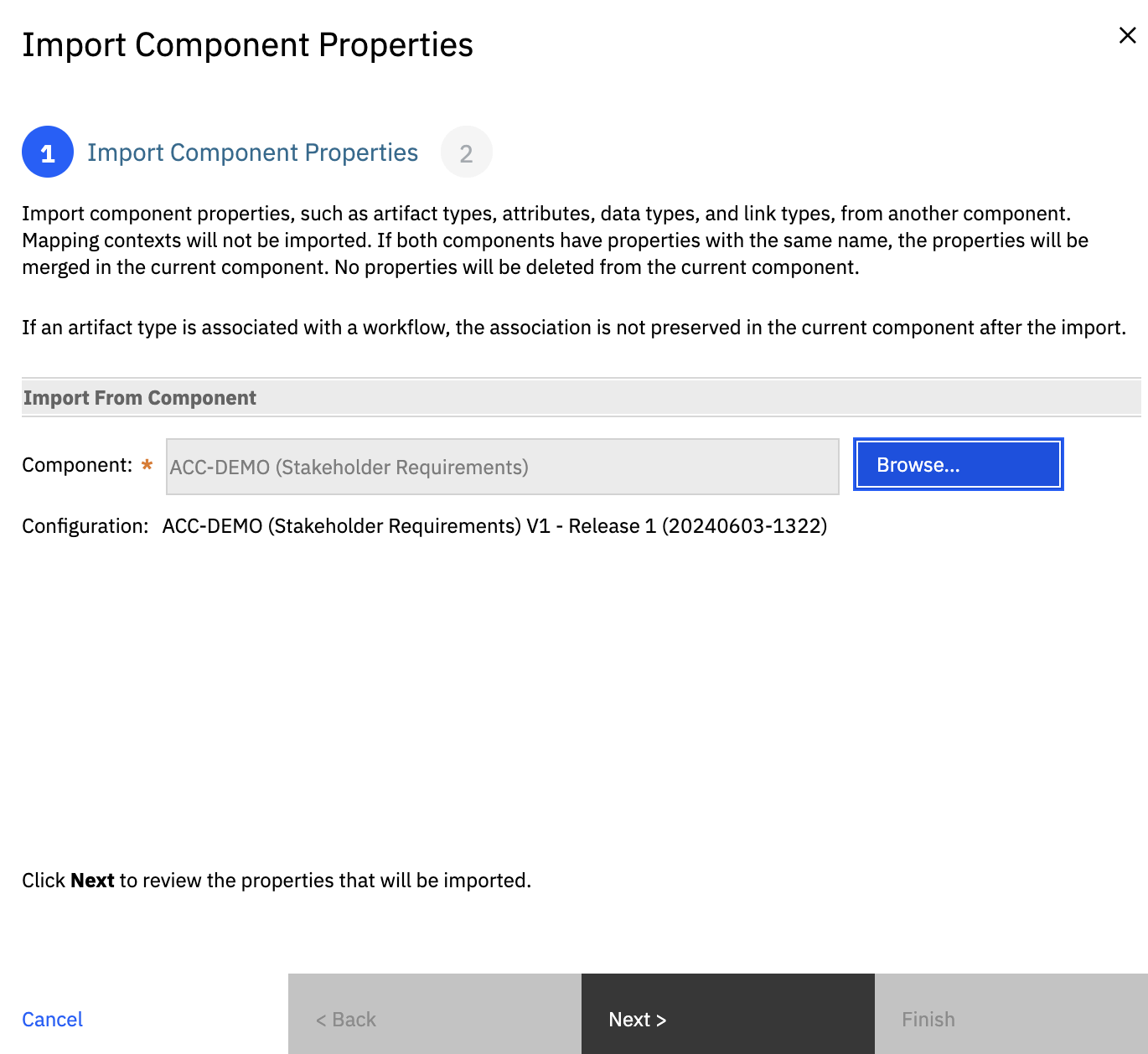 Import component properties window showcase